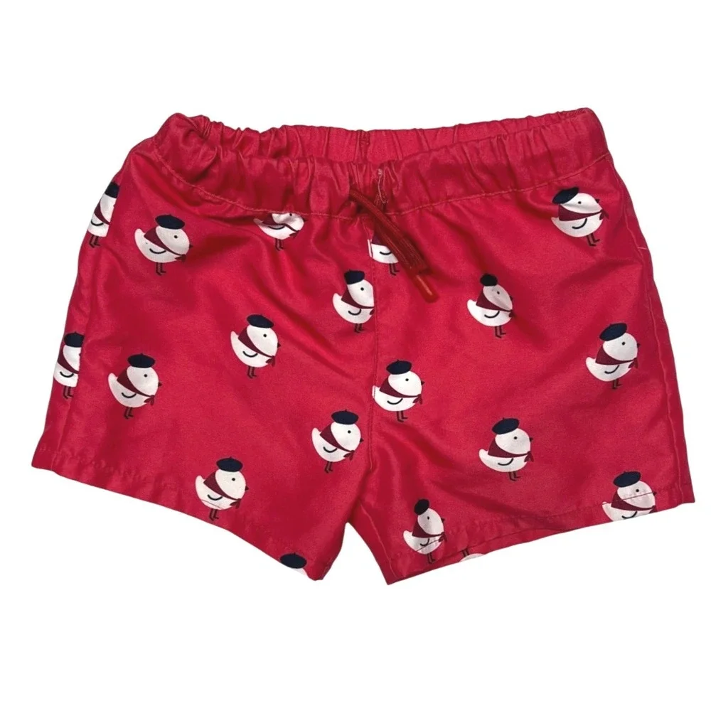 Jacadi Paris Baby Swim Trunks‎ 12M Red French Bird Print Lined MSRP $65 EUC